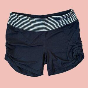 Y2K Mini Yoga Shorts – Black with Striped Waist Ruched Sides